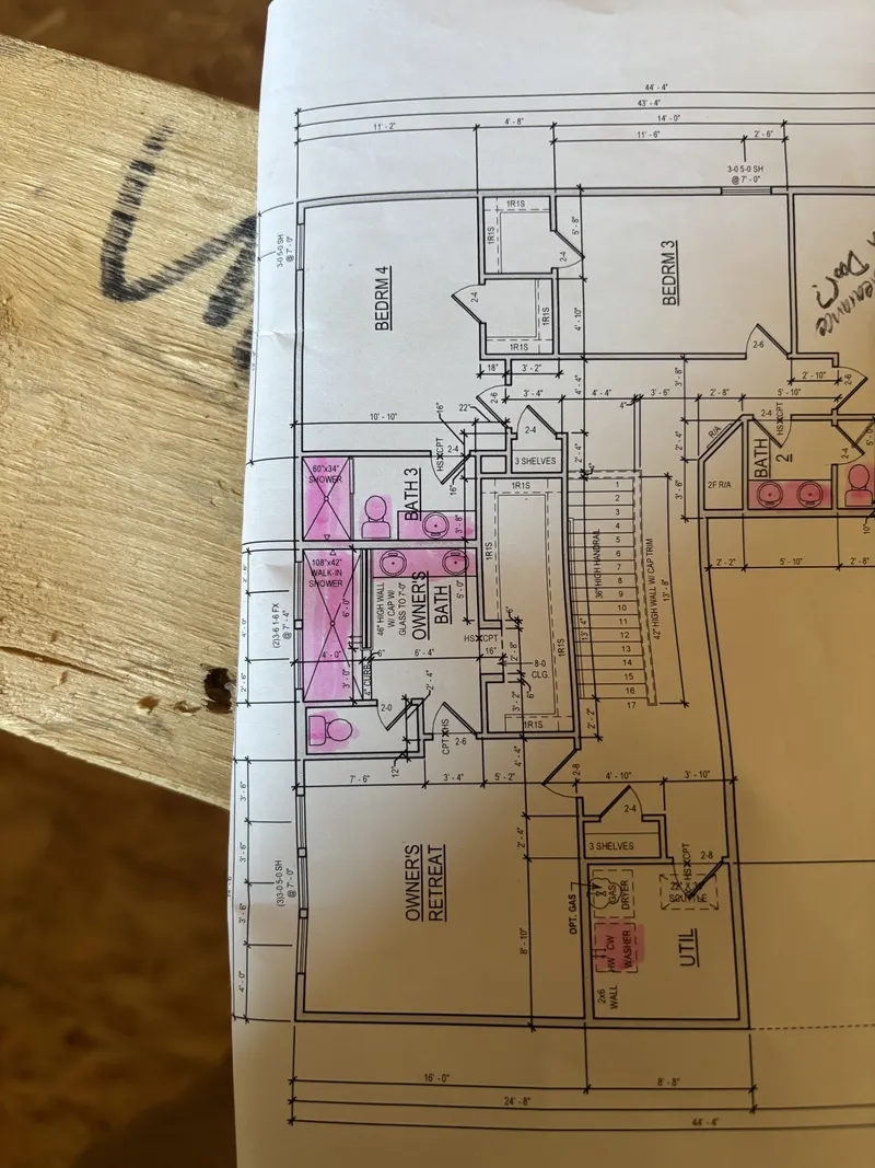 Plumbing plans marked for a residential construction project.