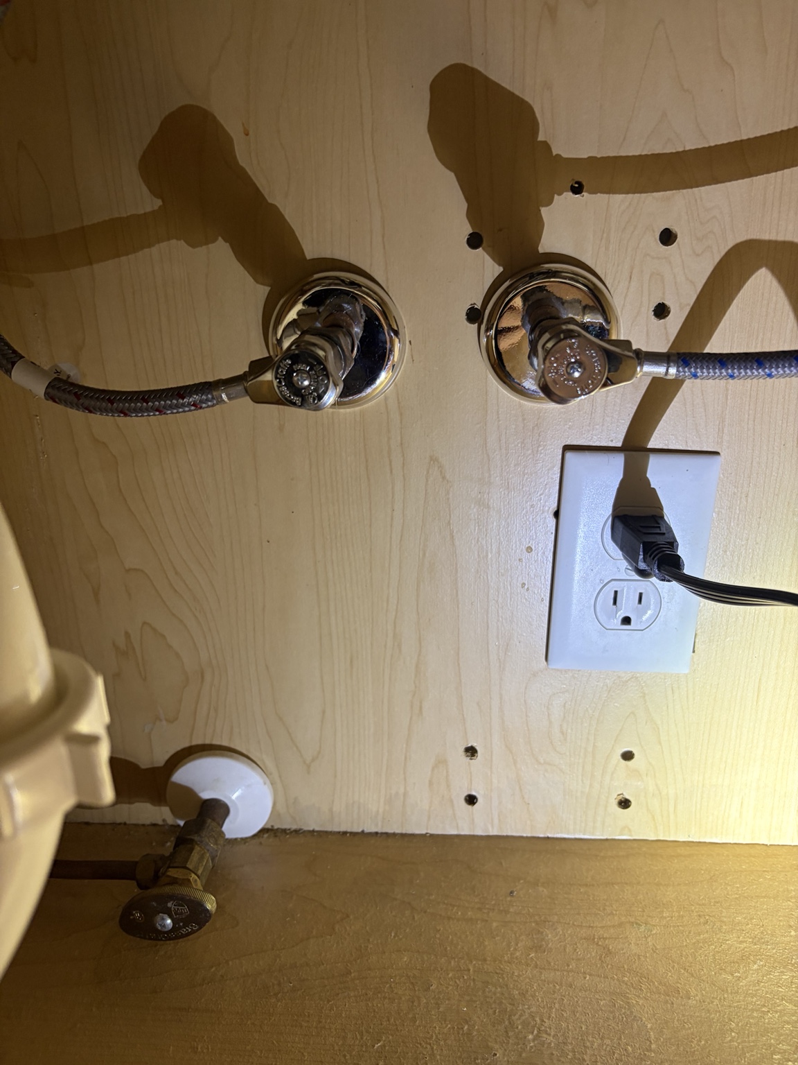 After: replacement metal quarter-turn sink shutoff valves and braided supply lines
